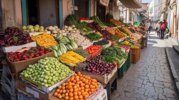 Um mercado com legumes e frutas em exibição