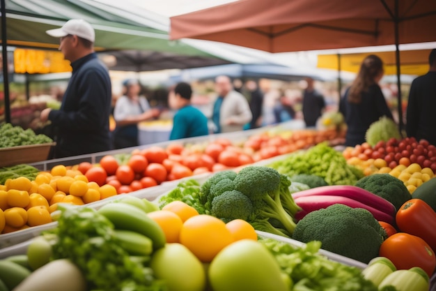 Um mercado com muitos vegetais e frutas