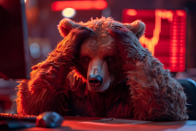 Um mercado de ações que está caindo é chamado de mercado de urso. Pode criar grandes desastres financeiros para os investidores. Por isso, imagens de ursos com expressões preocupadas ou estressadas foram usadas em tons vermelhos.