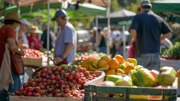 Um mercado de agricultores movimentado com vendedores que vendem produtos frescos e produtos feitos à mão, tudo alimentado por um