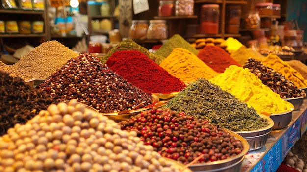 Foto um mercado de especiarias vibrante e colorido com várias especiarias, ervas e outros ingredientes