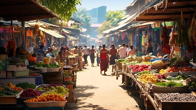Um mercado de frutas com pessoas andando na rua