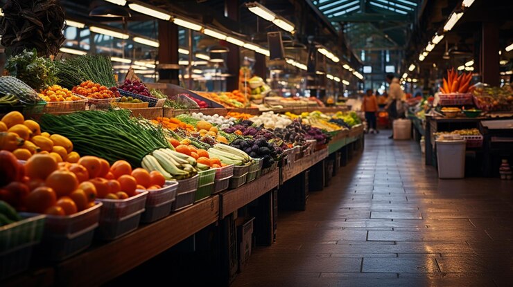 Foto um mercado de frutas e vegetais com uma placa que diz "fresco"