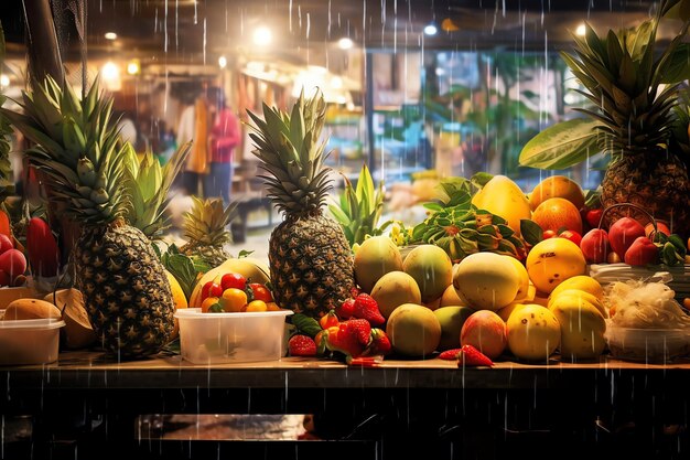 Um mercado de frutas tropicais cheio de sabores exóticos com um fundo tropical realista