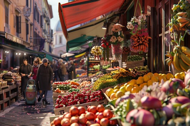 Foto um mercado de rua animado com vendedores que vendem frescos