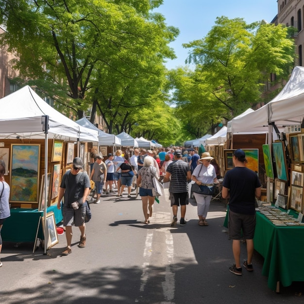 Foto um mercado de rua com algumas pessoas passando por barracas e uma pintura à direita.