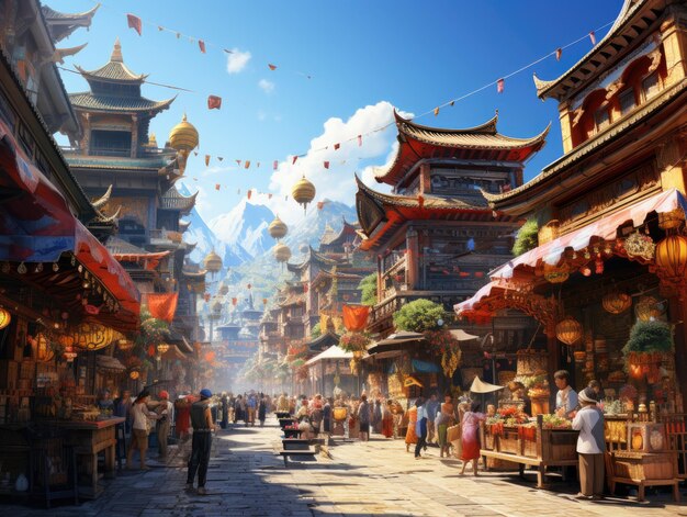 Um mercado de rua movimentado numa cidade asiática movimentada, cheio de têxteis coloridos e de comida de rua aromática