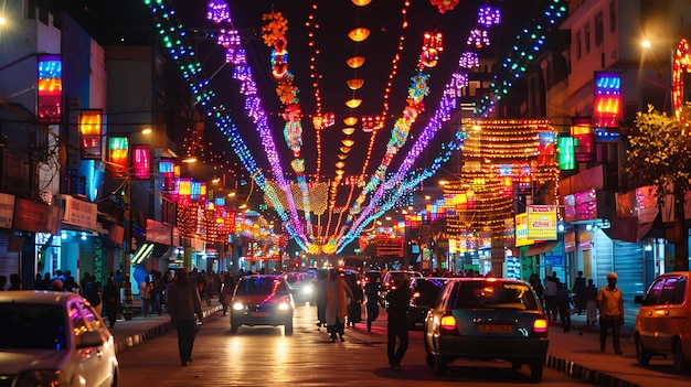 Um mercado de rua vibrante à noite com luzes coloridas e pessoas andando por aí