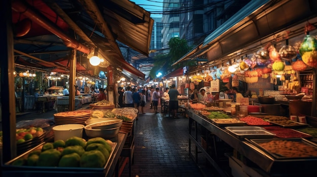 Um mercado em bangkok à noite com muitas pessoas fazendo compras e muita comida