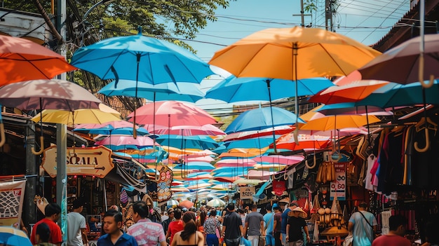 Um mercado movimentado com guarda-chuvas coloridos que fornecem sombra para os compradores abaixo