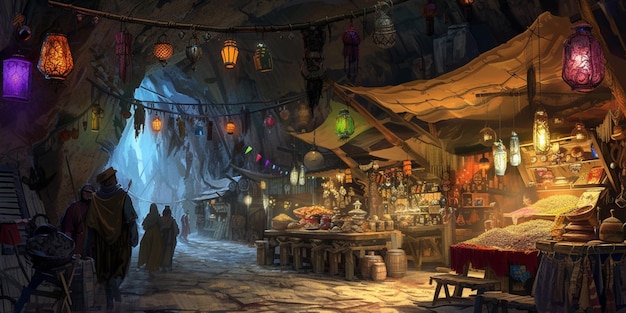 Um mercado movimentado dentro de uma cidade subterrânea de duendes com barracas cheias de peculiares Generative Ai