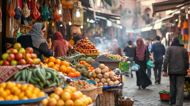 Foto um mercado movimentado em marrakech, marrocos o mercado está cheio de pessoas comprando e vendendo produtos frescos, especiarias e outros bens