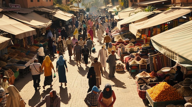 Um mercado movimentado em Marrakech, Marrocos O mercado está cheio de pessoas comprando e vendendo uma variedade de mercadorias, incluindo especiarias, frutas e legumes