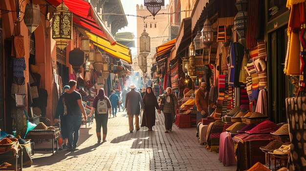 Um mercado movimentado em Marrocos As ruas estreitas estão alinhadas com barracas que vendem uma variedade de mercadorias