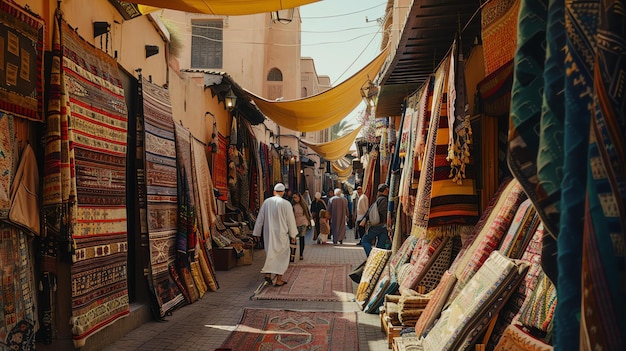 Um mercado movimentado em Marrocos O mercado está cheio de pessoas comprando e vendendo uma variedade de mercadorias