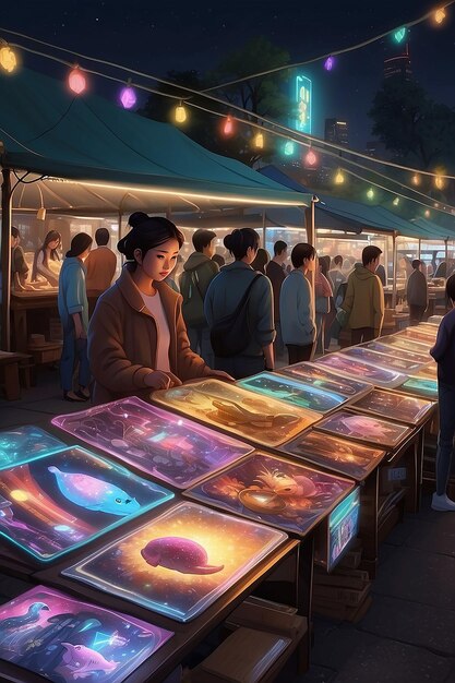 Um mercado noturno com barracas vendendo arte holográfica e colecionáveis virtuais