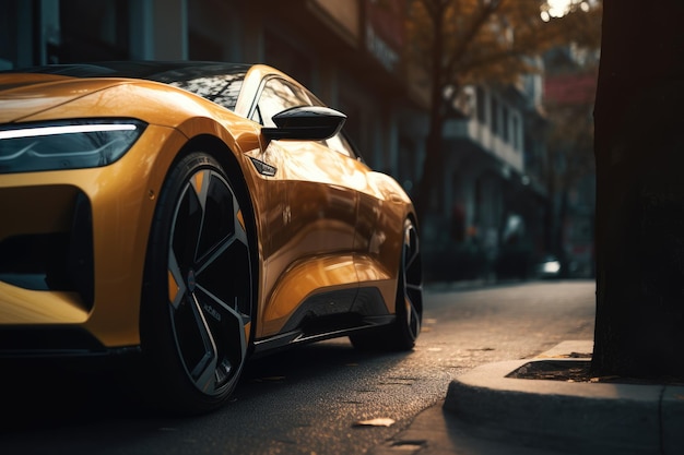 Um Mercedes amarelo - carro esportivo Benz está estacionado em uma rua da cidade.