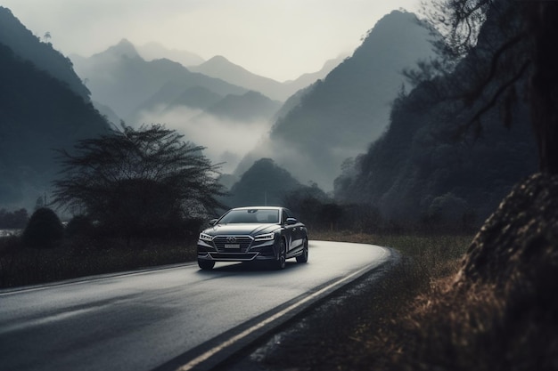 Um Mercedes - Benz dirigindo em uma estrada com montanhas ao fundo.