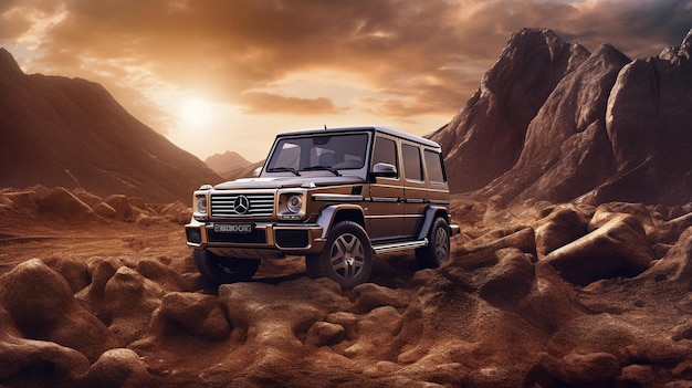 Um mercedes classe g está estacionado em um deserto rochoso.