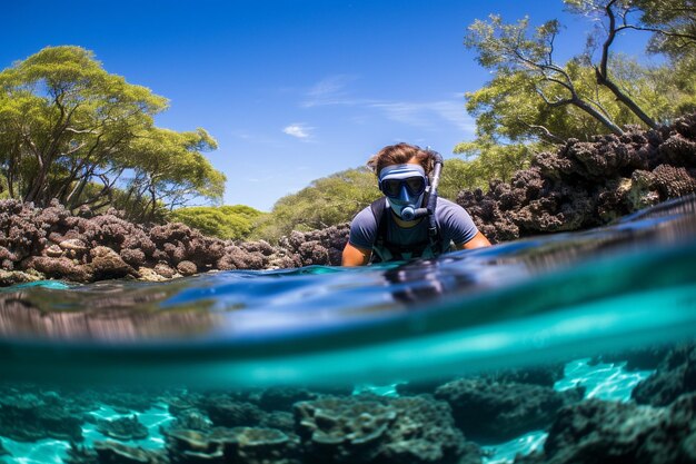 Foto um mergulhador a avistar uma criatura submarina escondida