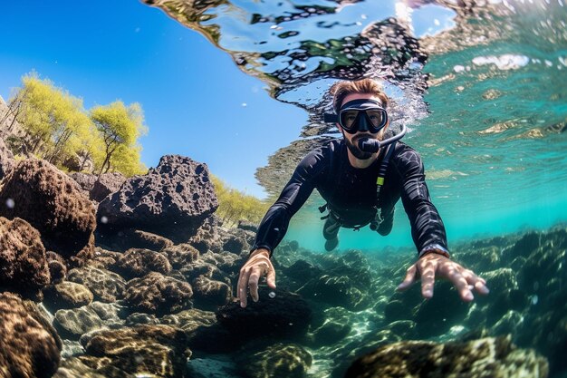 Foto um mergulhador a avistar uma criatura submarina escondida