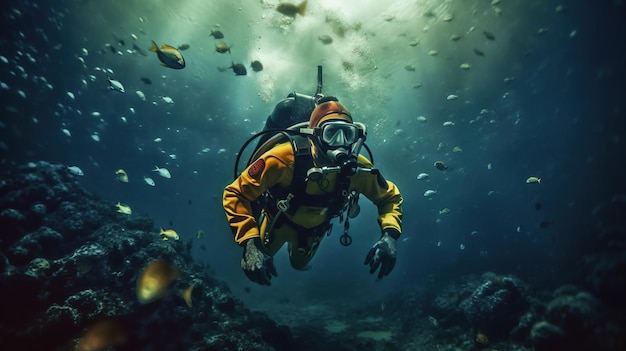 Um mergulhador debaixo d'água com peixes Generative AI Art