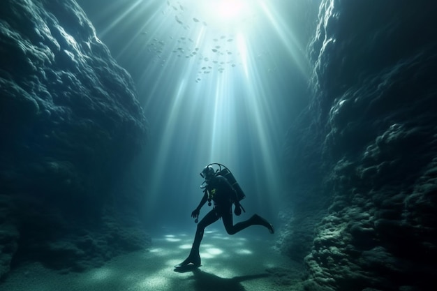 Um mergulhador em uma caverna com a luz brilhando sobre ela.