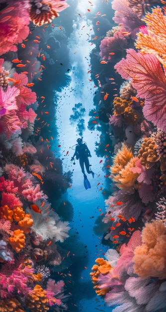 Um mergulhador nada debaixo d'água contra o pano de fundo da bela flora e fauna viva do oceano fotografia fotorrealista do mar subaquático