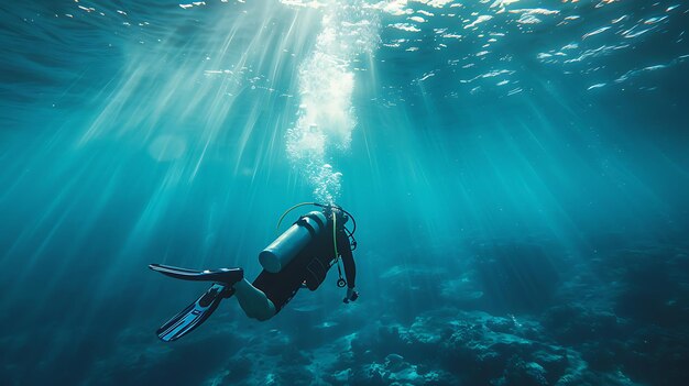 um mergulhador nada debaixo d'água num oceano azul