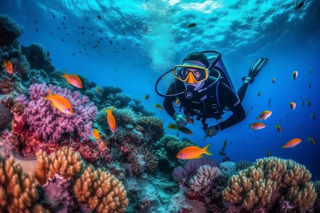 Um mergulhador nada sobre um recife de coral com um cardume de peixes ao fundo.