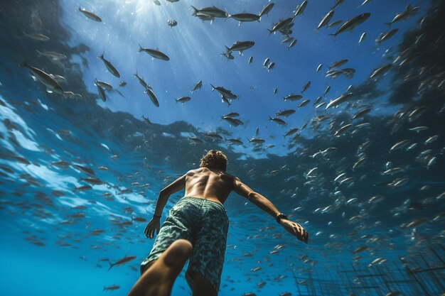 Um mergulhador nadando através de um denso cardume de sardinhas
