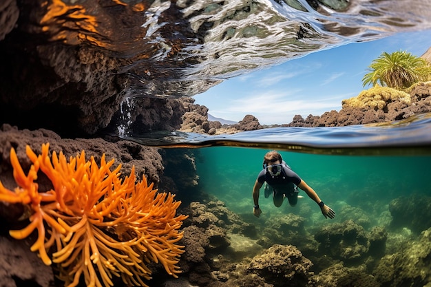 Foto um mergulhador observando um nudibranco colorido rastejando ao longo do fundo do oceano