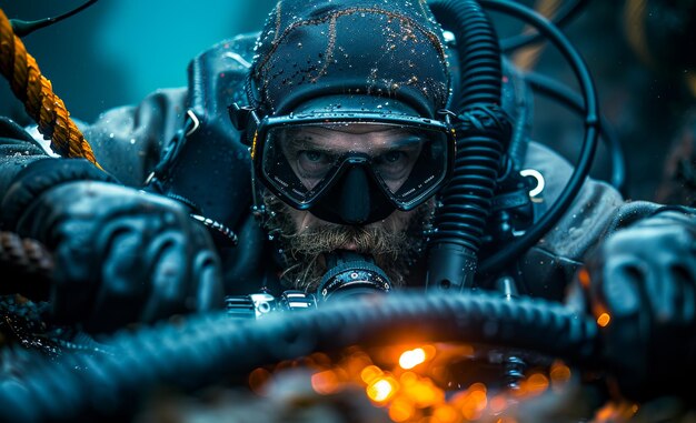 Um mergulhador profissional em fato de mergulho está submerso nas águas azuis do oceano
