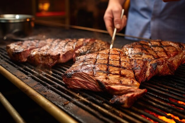 Foto um mestre de churrasco põe um bife fresco no fogo.