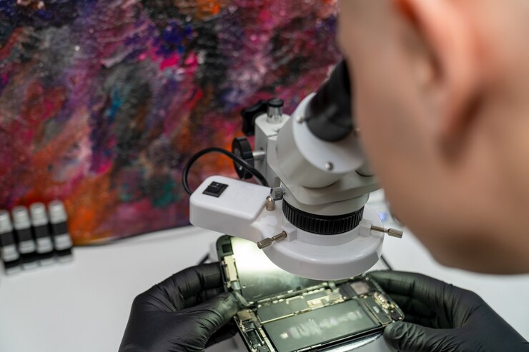 Foto um mestre examina um smartphone com defeito através de um microscópio
