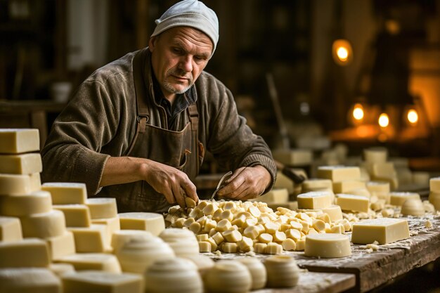 Um mestre fabricante de queijo faz queijo em uma pequena leiteira