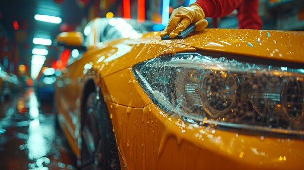 Um mestre tinta uma janela de carro com um secador de cabelo e uma espátula Tinta de conceito