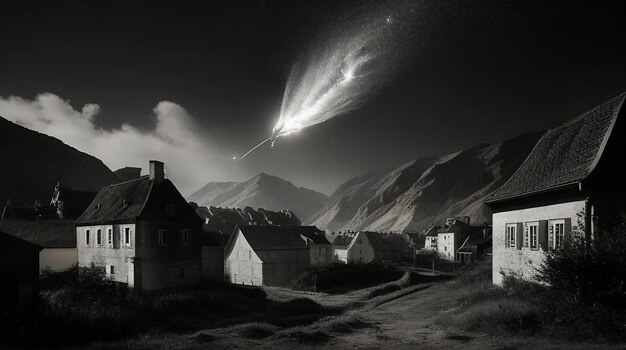 Um meteorito está sobrevoando uma vila com montanhas ao fundo.