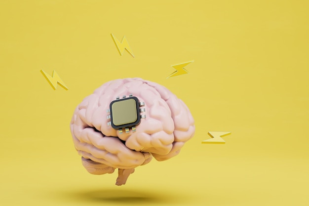 Um microchip trabalhando no cérebro um cérebro com um chip em torno do qual relâmpagos em um fundo amarelo renderização 3D