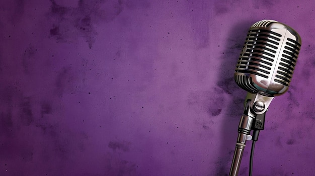 Foto um microfone clássico contra uma parede roxa texturizada para uma sensação retro