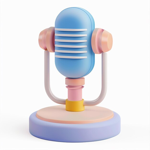 um microfone colorido está em um suporte com uma alça rosa e amarela