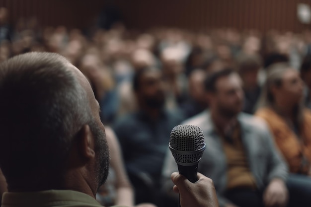 Foto um microfone em frente a uma audiência de seminário de conferência