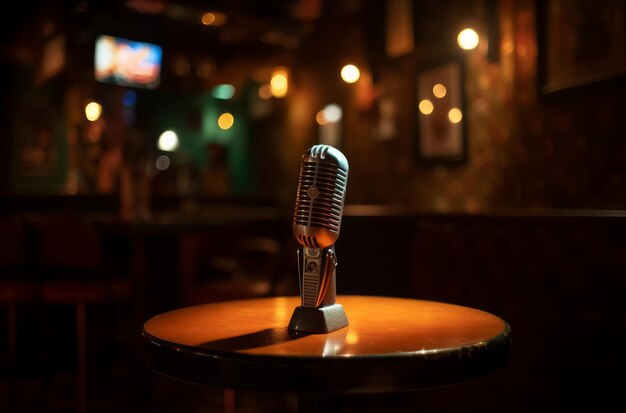 Um microfone em uma mesa em um bar com uma tv na parede atrás dele.