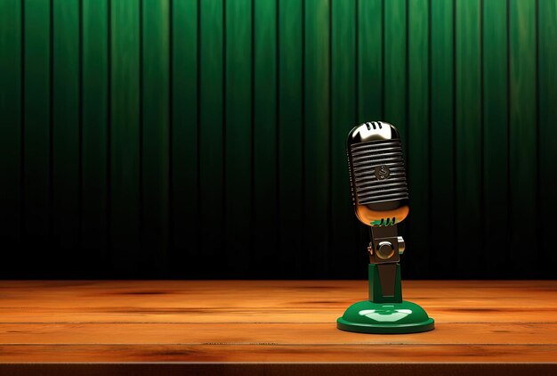 Foto um microfone na frente da tela verde na mesa de madeira 3d