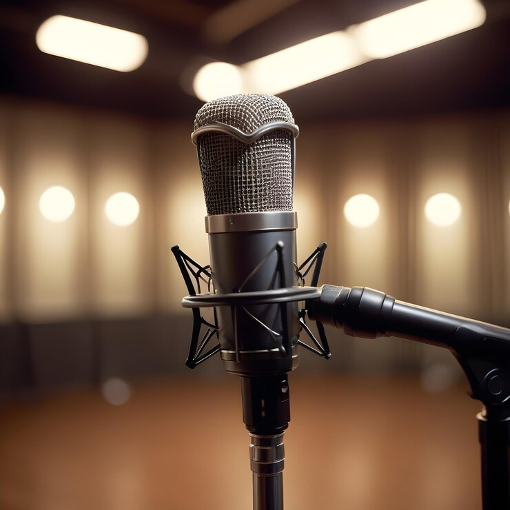 Foto um microfone senta-se em um palco com as palavras a palavra no topo