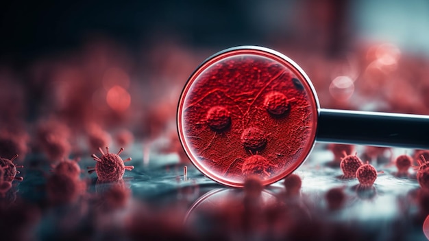 Um microscópio com uma célula vermelha de vírus
