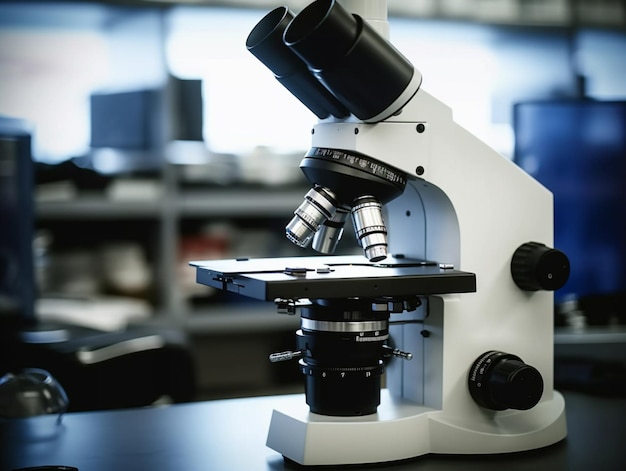 Um microscópio fica em uma mesa em um laboratório de ciências.