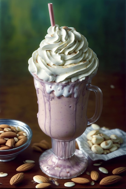 Um milk-shake com chantilly e amêndoas em uma mesa