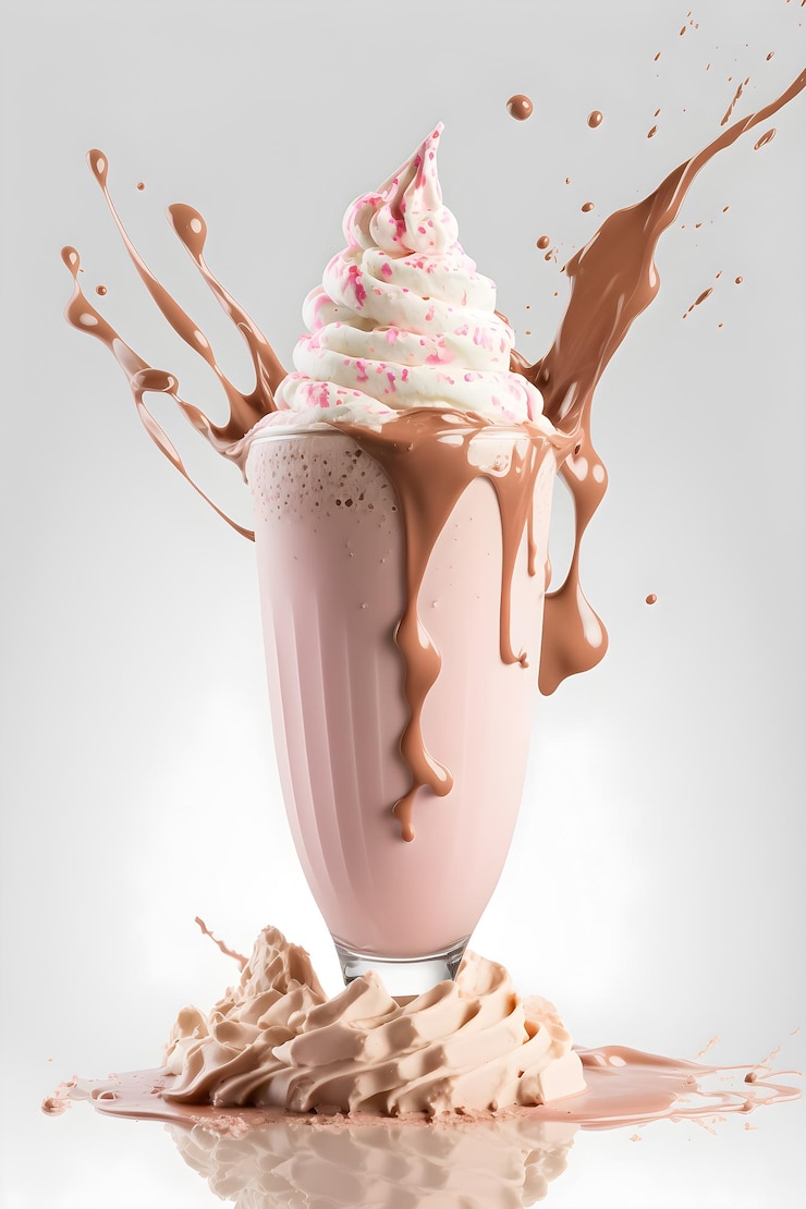 Foto um milk-shake com corações rosa e brancos na parte superior e um redemoinho rosa e branco na parte inferior.