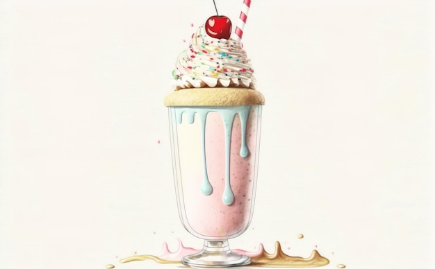 um milk-shake desenhado em ilustrações de comida de doces em aquarela de fundo branco gerada por ai